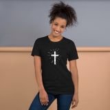 Christian Cross T-Shirt for Women Faith T-shirt Inspirational T-Shirt Cross T-shirt Black Heather Front with model