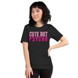 Cute but Psycho T-shirt for Girls T-shirt for teens funny t-shirt for women black heather front with model