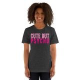 Cute but Psycho T-shirt for Girls T-shirt for teens funny t-shirt for women dark grey heather front with model