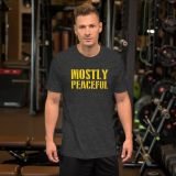 mostly peaceful libertarian t-shirt for men funny t-shirt freedom t-shirt for men dark grey heather front with model