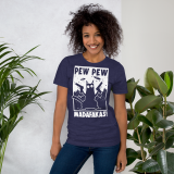 Cat Pew Pew Madafakas T-Shirt for Adults Pro gun T-shirt for Cat Lovers Funny Cat T-Shirt heather midnight navy Front with model