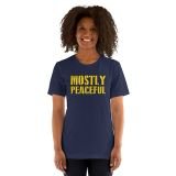 mostly peaceful libertarian t-shirt for men funny t-shirt freedom t-shirt for men navy front with model