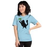 Black Cat T-shirt Rawr! Funny Cat T-shirt for teens T-shirt for kids ocean blue Front with model