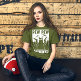 Cat Pew Pew Madafakas T-Shirt for Adults Pro gun T-shirt for Cat Lovers Funny Cat T-Shirt olive Front with model